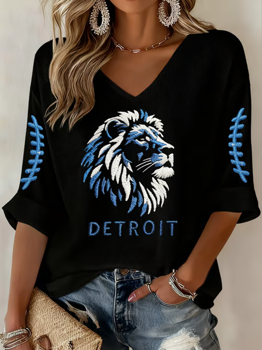 Women's Rugby Fan Lions Printed Mid-length Sleeves V-Neck T-Shirt