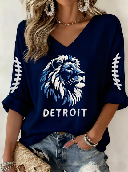 Women's Rugby Fan Lions Printed Mid-length Sleeves V-Neck T-Shirt