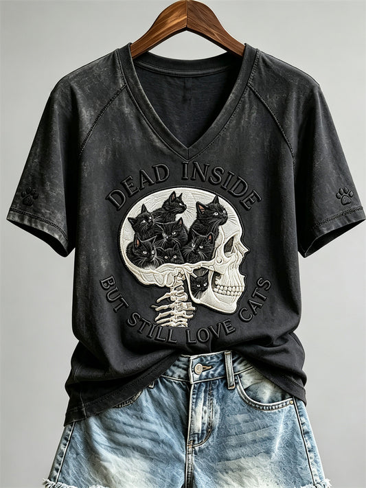 Women's Dead Inside But Still Love Cats Skull & Black Cats Print short-sleeved T-shirt