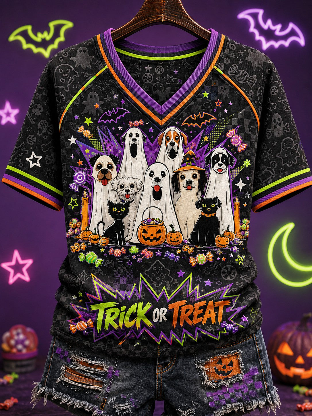 Women's Halloween Dog Printed V-neck T-shirt