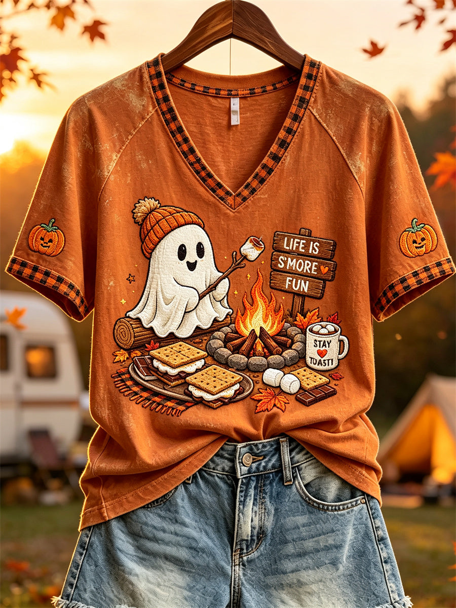 Women's Life Is S'more Fun Halloween Ghost Fall Camping Print short sleeve T-shirt