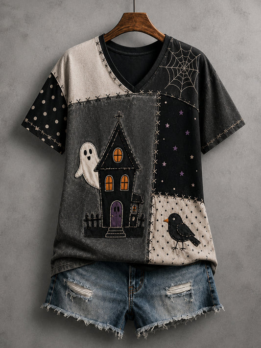 Women's Halloween Patchwork Ghost Print Casual V-Neck Tee