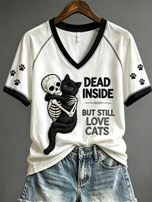 Women's Dead Inside But Still Love Cats Skeleton & Black Cat Print short-sleeved T-shirt