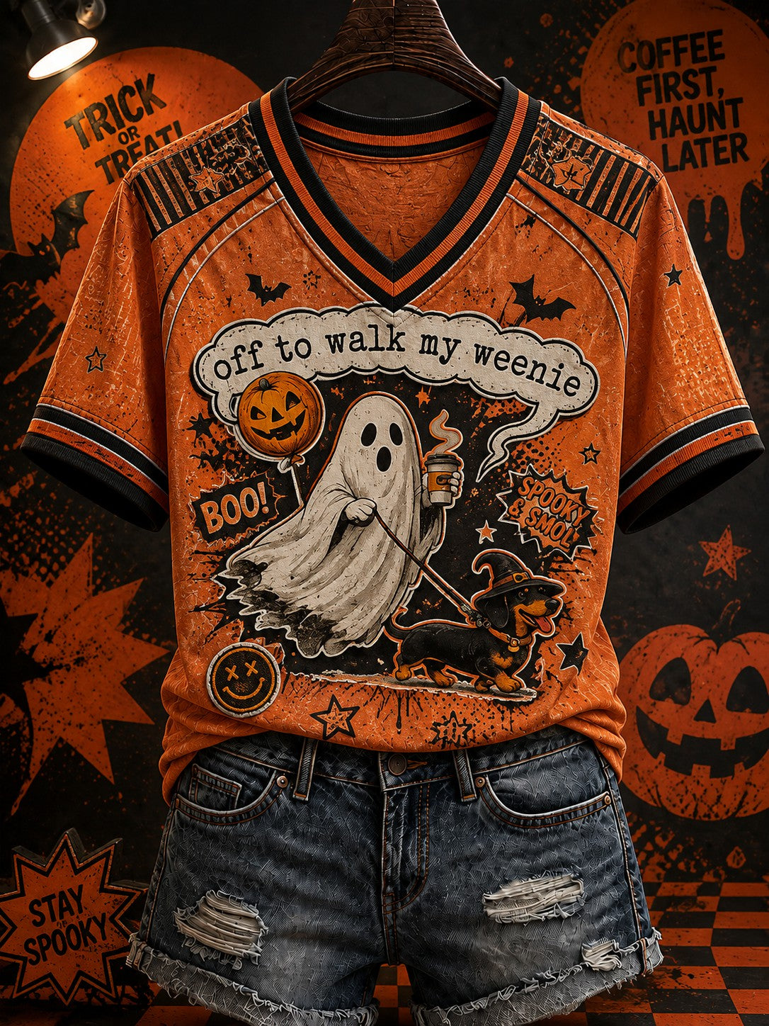 Women's Halloween Off To Walk My Weenie Printed V-neck T-shirt