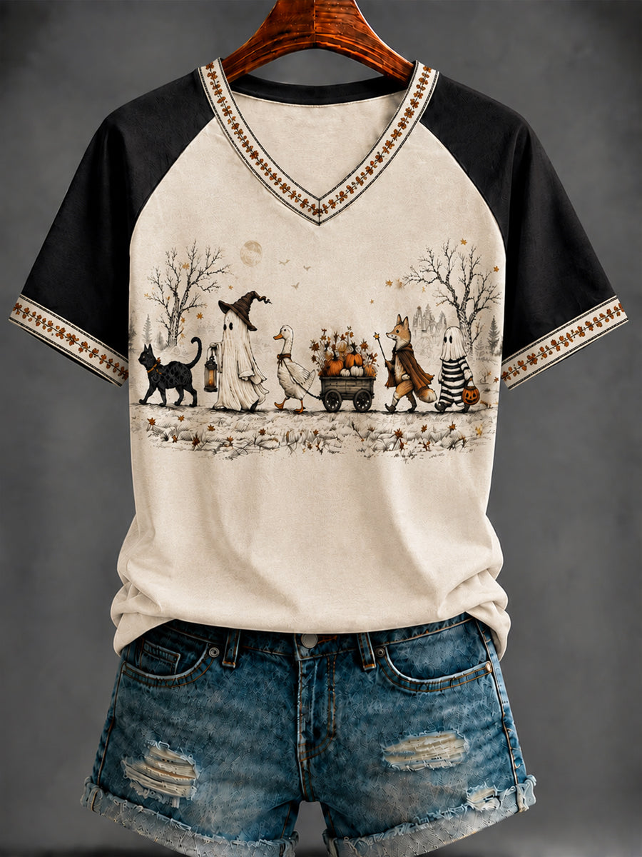 Women's Halloween Print V-neck short-sleeved T-shirt