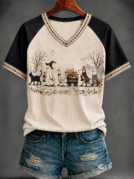 Women's Halloween Print V-neck short-sleeved T-shirt