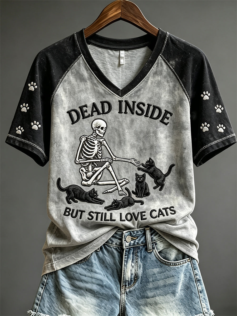 Women's Dead Inside But Still Love Cats Skeleton & Black Cats Print short-sleeved T-shirt