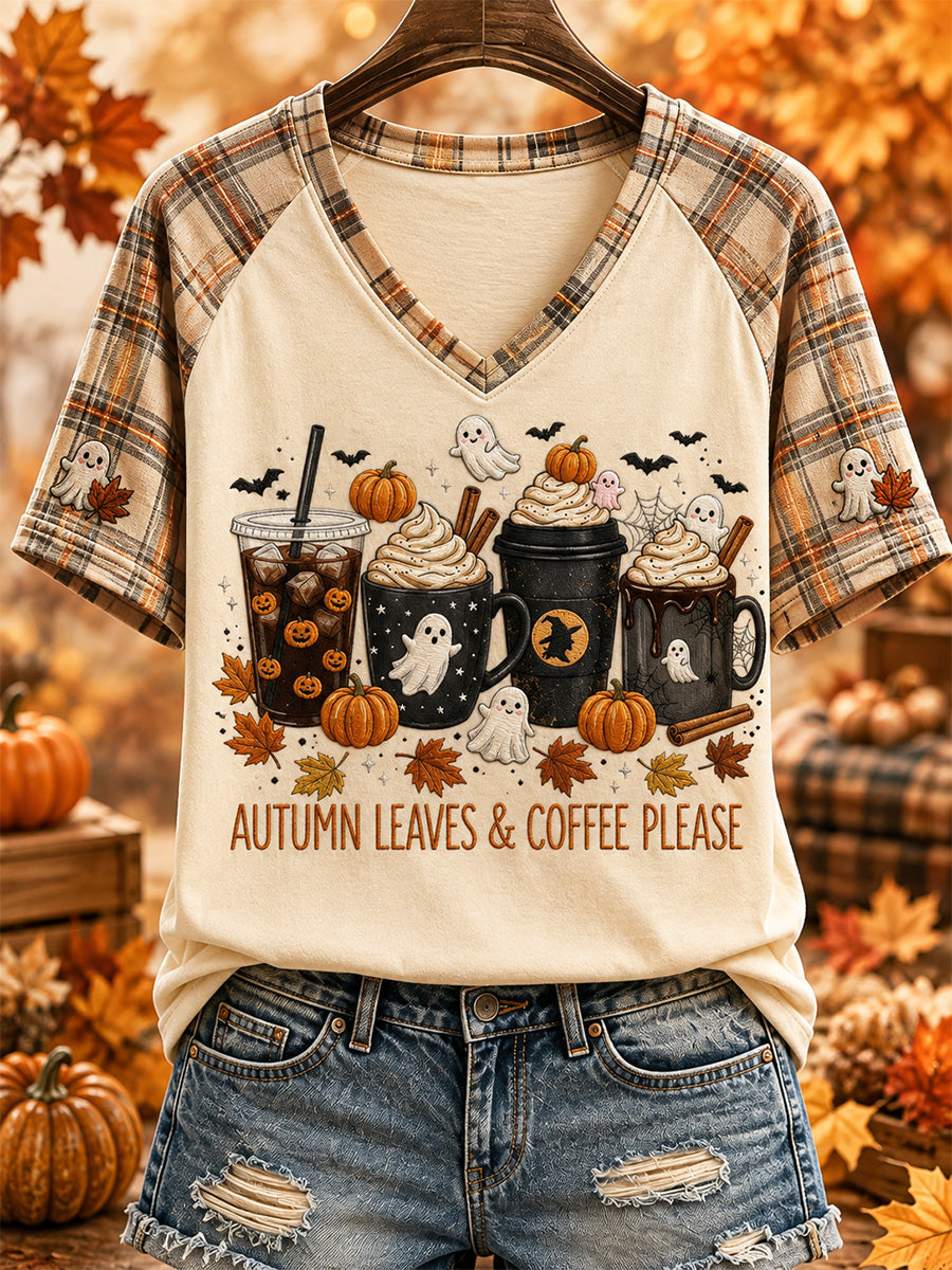 Women's Autumn Leaves & Coffee Please Print Casual V-Neck Tee