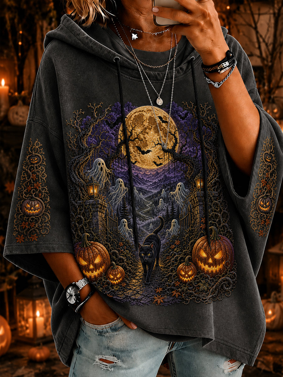 Women’s Halloween Black Cat Ghost Pumpkin Art  Short-Sleeve Hoodie
