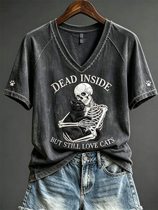 Women's Dead Inside But Still Love Cats Skeleton & Black Cat Print short-sleeved T-shirt