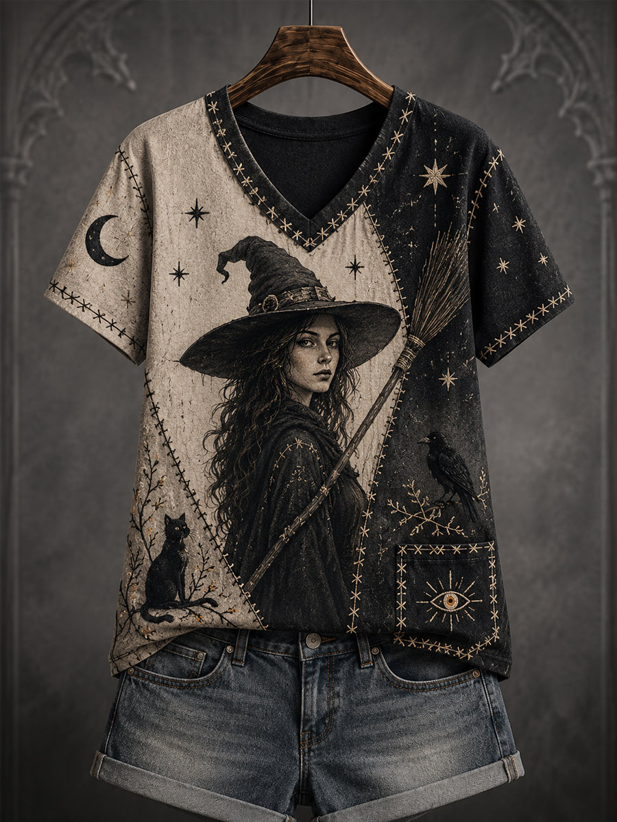 Women's Halloween Patchwork Witch Print Casual V-Neck Tee