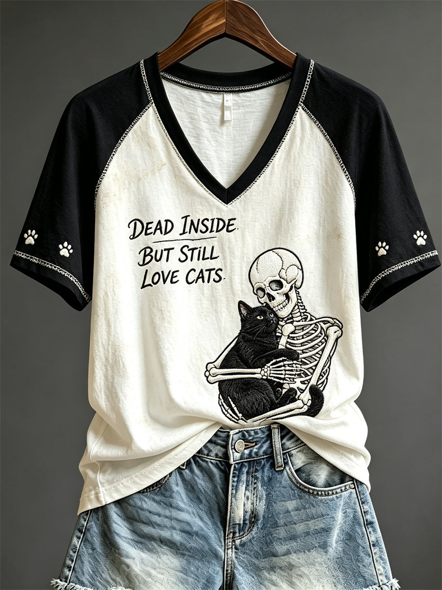 Women's Dead Inside But Still Love Cats Skeleton & Black Cat Print short-sleeved T-shirt