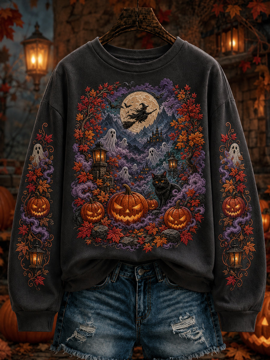 Women’s Halloween Witch Ghost Pumpkin Black Cat Art Sweater