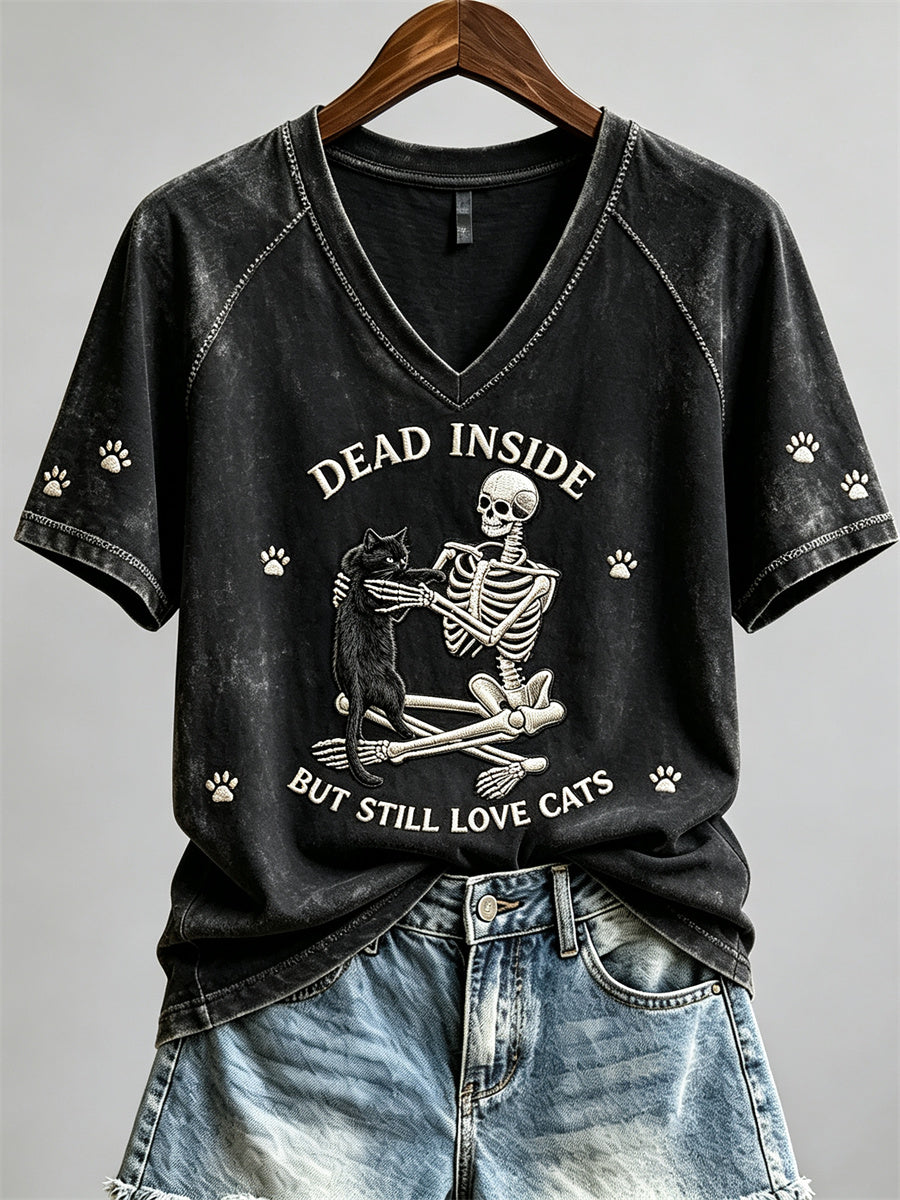 Women's Dead Inside But Still Love Cats Skeleton & Black Cat Print short-sleeved T-shirt
