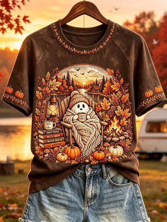 Women's Cozy Vibes Halloween Ghost Fall Camping Print short sleeve T-shirt