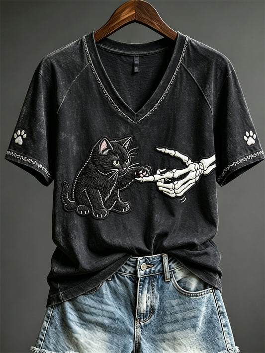 Women's Halloween Skeleton & Black Cat Print short-sleeved T-shirt