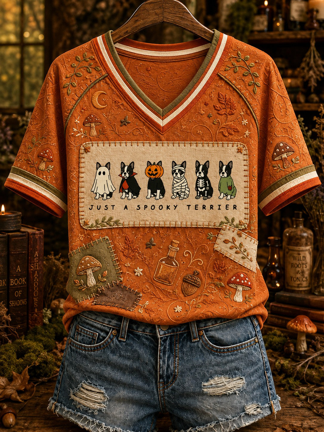 Women's Halloween Just A Spooky Terrier Printed V-neck T-shirt