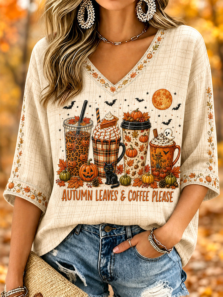 Women's Autumn Leaves & Coffee Please Print Casual V-Neck Tee