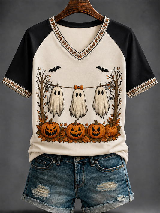 Women's Halloween Print V-neck short-sleeved T-shirt
