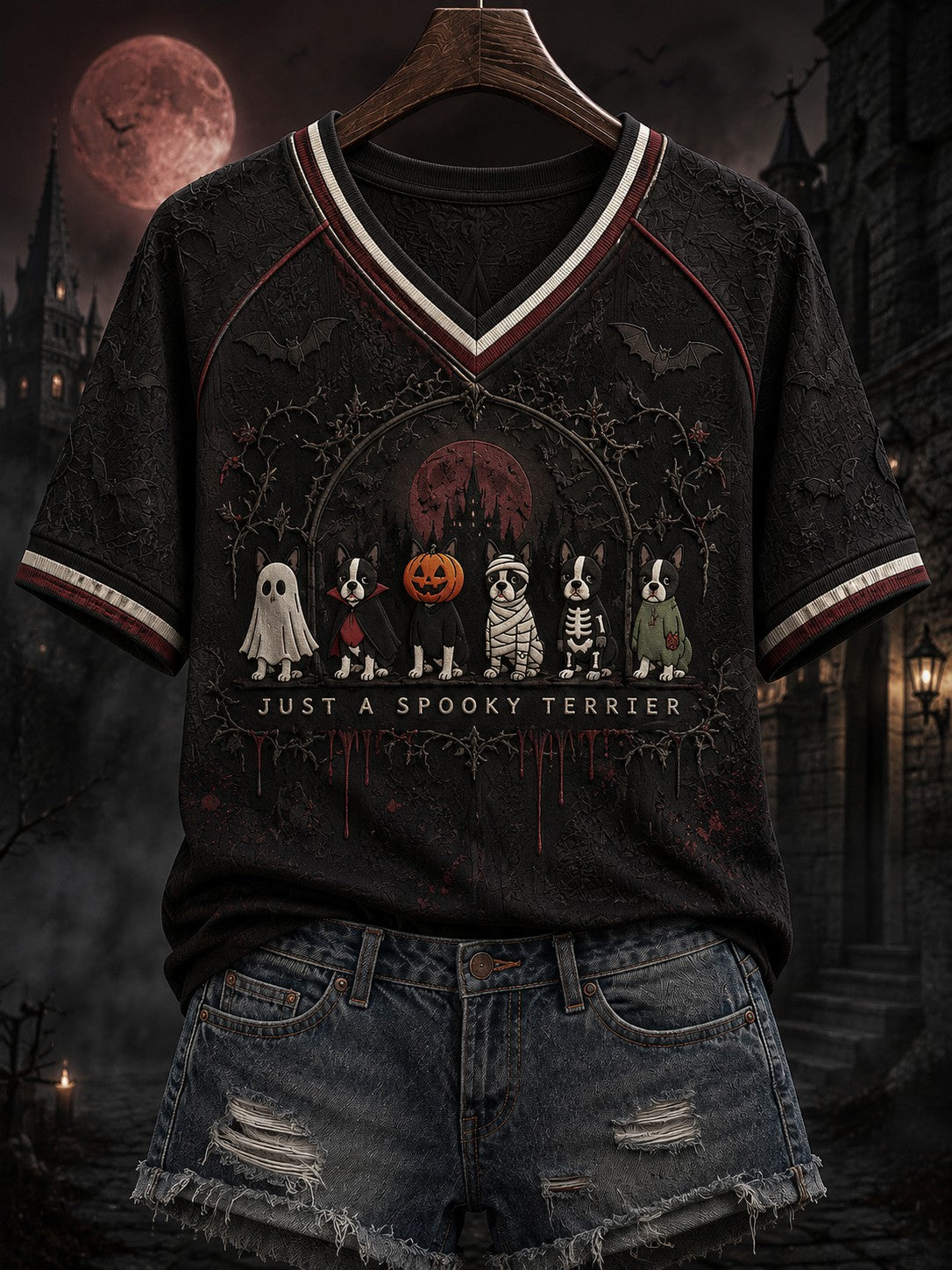 Women's Halloween Just A Spooky Terrier Printed V-neck T-shirt