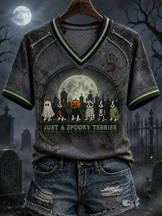 Women's Halloween Just A Spooky Terrier Printed V-neck T-shirt