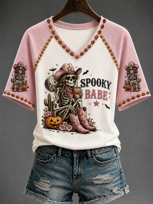 Women's Spooky Babe V-neck Off-shoulder Short-sleeved T-shirt
