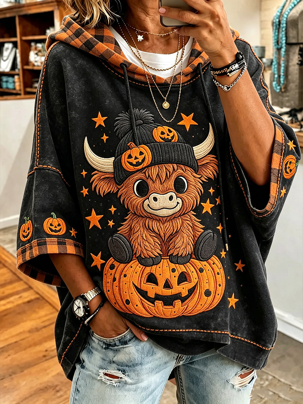 Women’s Halloween Theme Pattern Printed Casual Short-Sleeve Hoodie