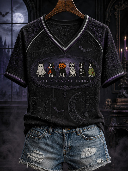 Women's Halloween Just A Spooky Terrier Printed V-neck T-shirt