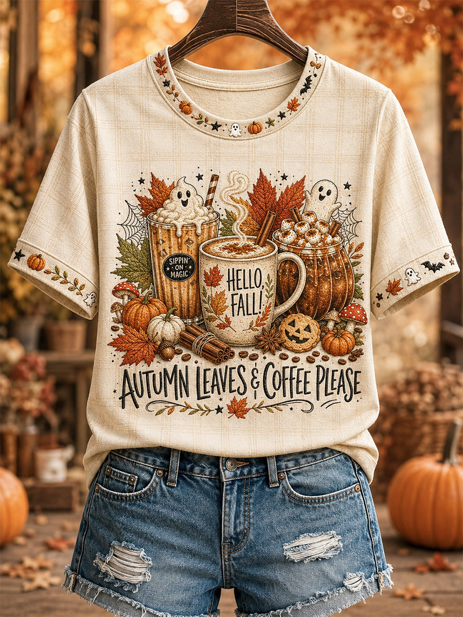 Women's Autumn Leaves & Coffee Please Print Casual Tee