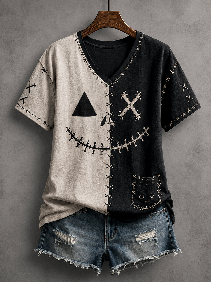 Women's Halloween Patchwork Ghost Print Casual V-Neck Tee