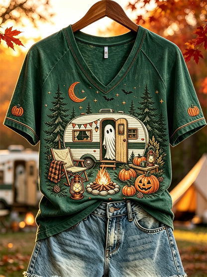 Women's Halloween Ghost Fall RV Camping Print short-sleeved T-shirt
