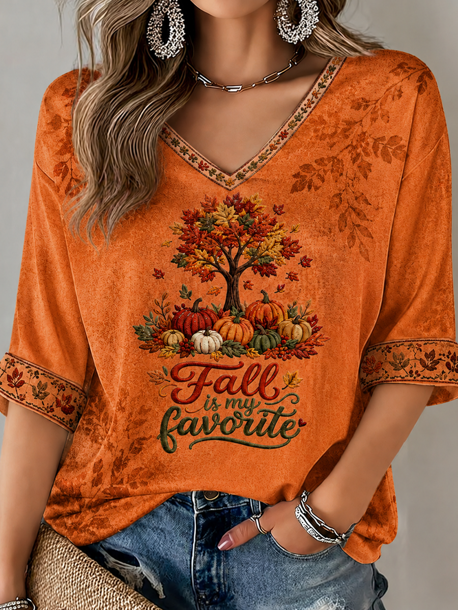 Women's Fall Is My Favorite Color Mid-length Sleeves V-Neck T-Shirt