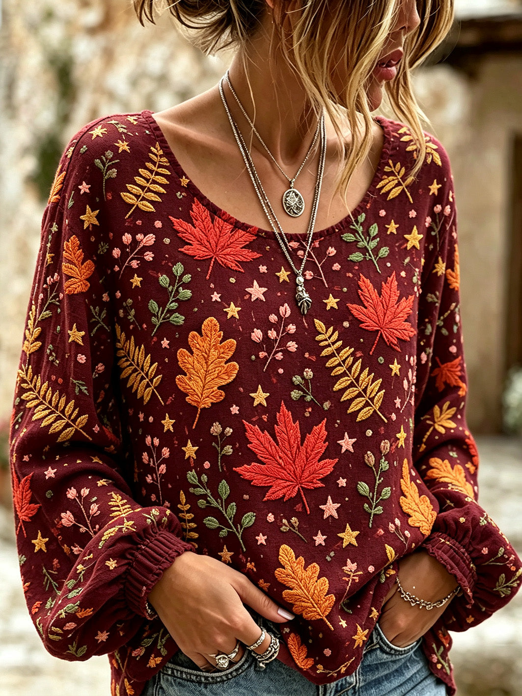 Women's autumn maple leaf pattern printed casual cotton and linen shirt
