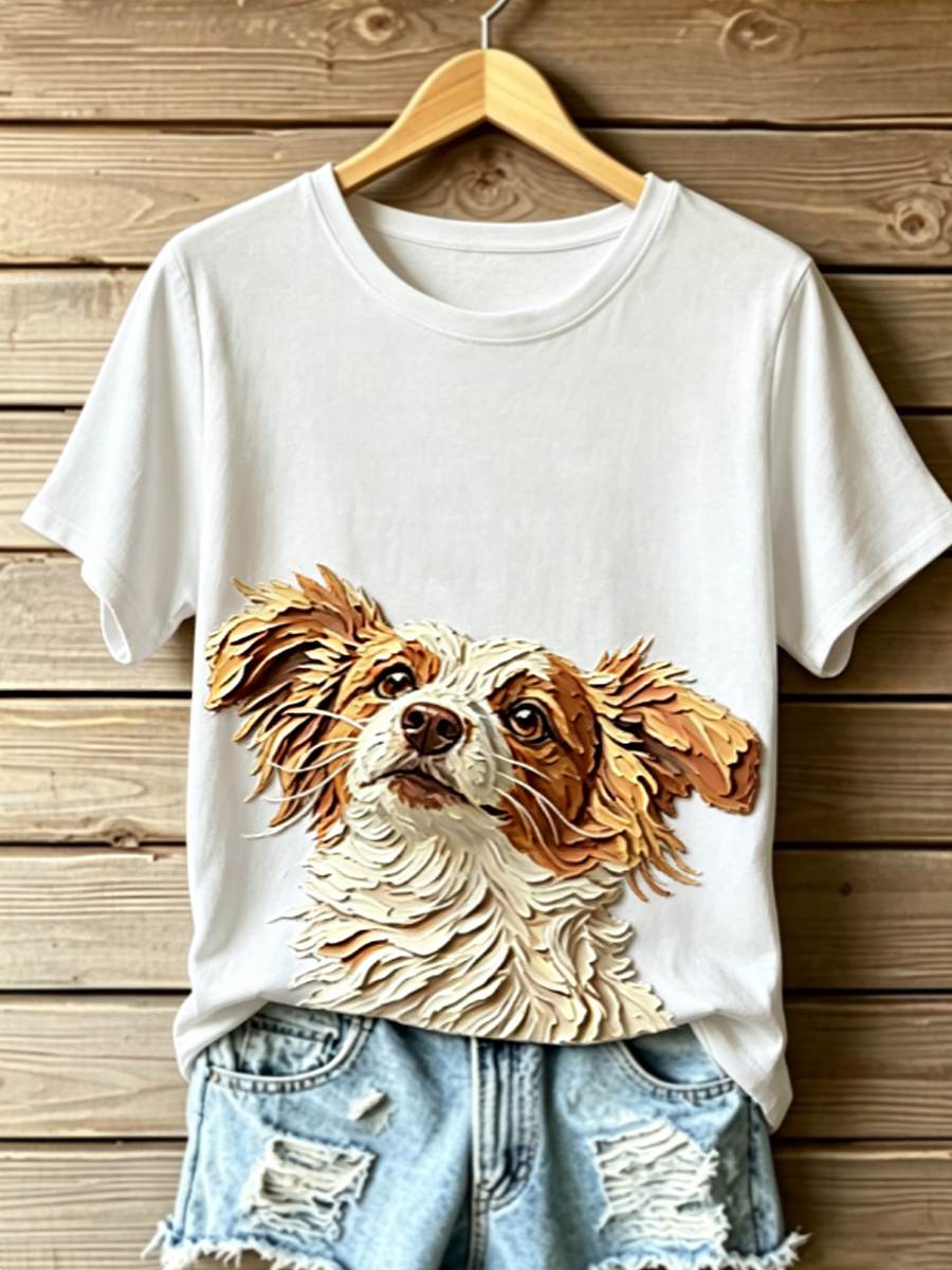Women's STOP ANIMAL ABUSE Wangwang V-neck off-shoulder short-sleeved T-shirt