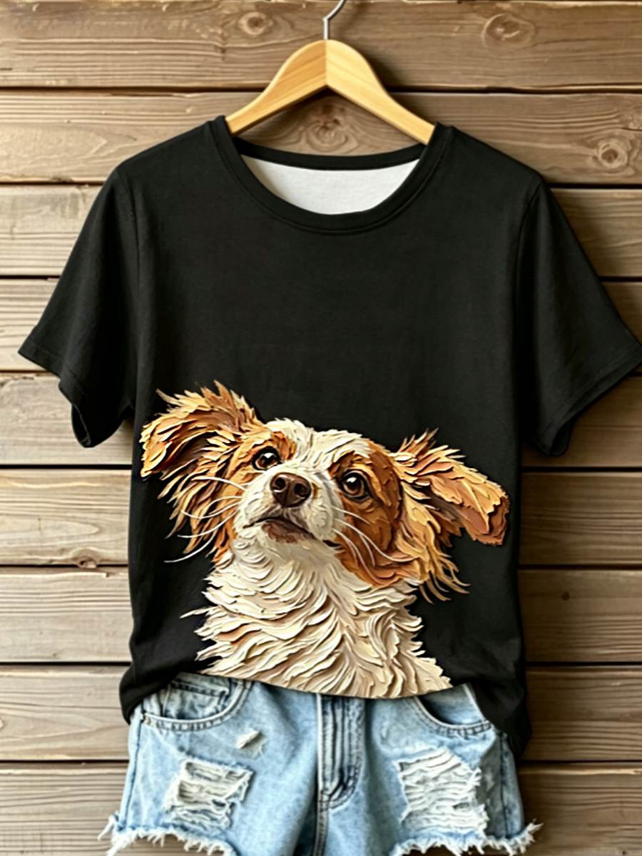 Women's STOP ANIMAL ABUSE Wangwang V-neck off-shoulder short-sleeved T-shirt