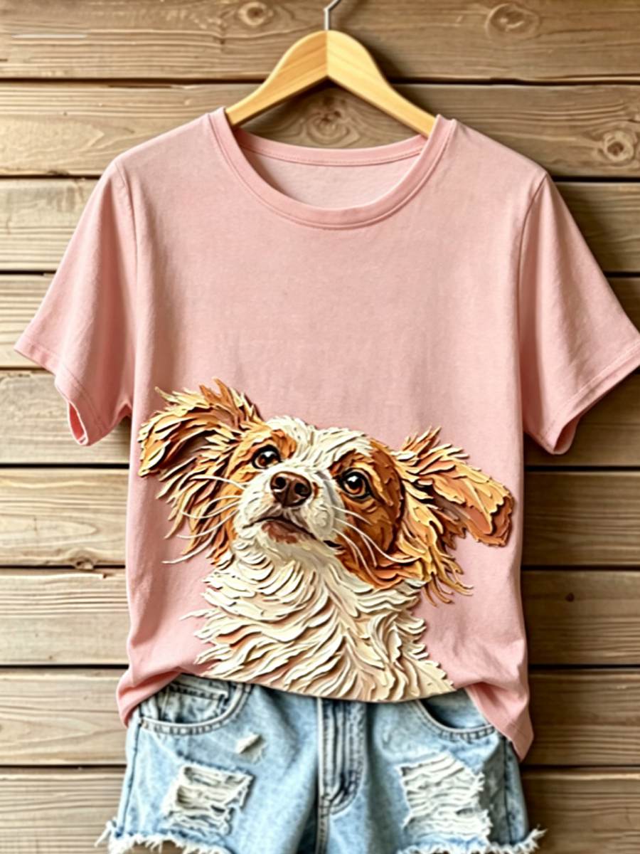 Women's STOP ANIMAL ABUSE Wangwang V-neck off-shoulder short-sleeved T-shirt
