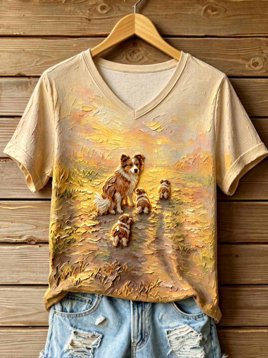 Women's STOP ANIMAL ABUSE Wangwang V-neck off-shoulder short-sleeved T-shirt