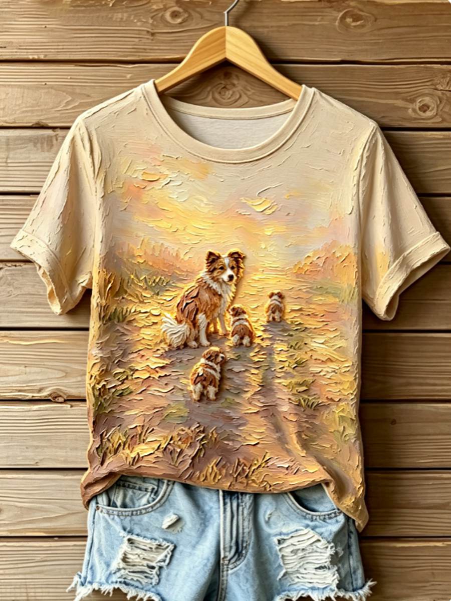 Women's STOP ANIMAL ABUSE Wangwang V-neck off-shoulder short-sleeved T-shirt