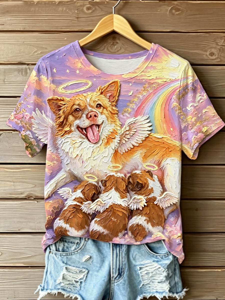 Women's STOP ANIMAL ABUSE Wangwang V-neck off-shoulder short-sleeved T-shirt