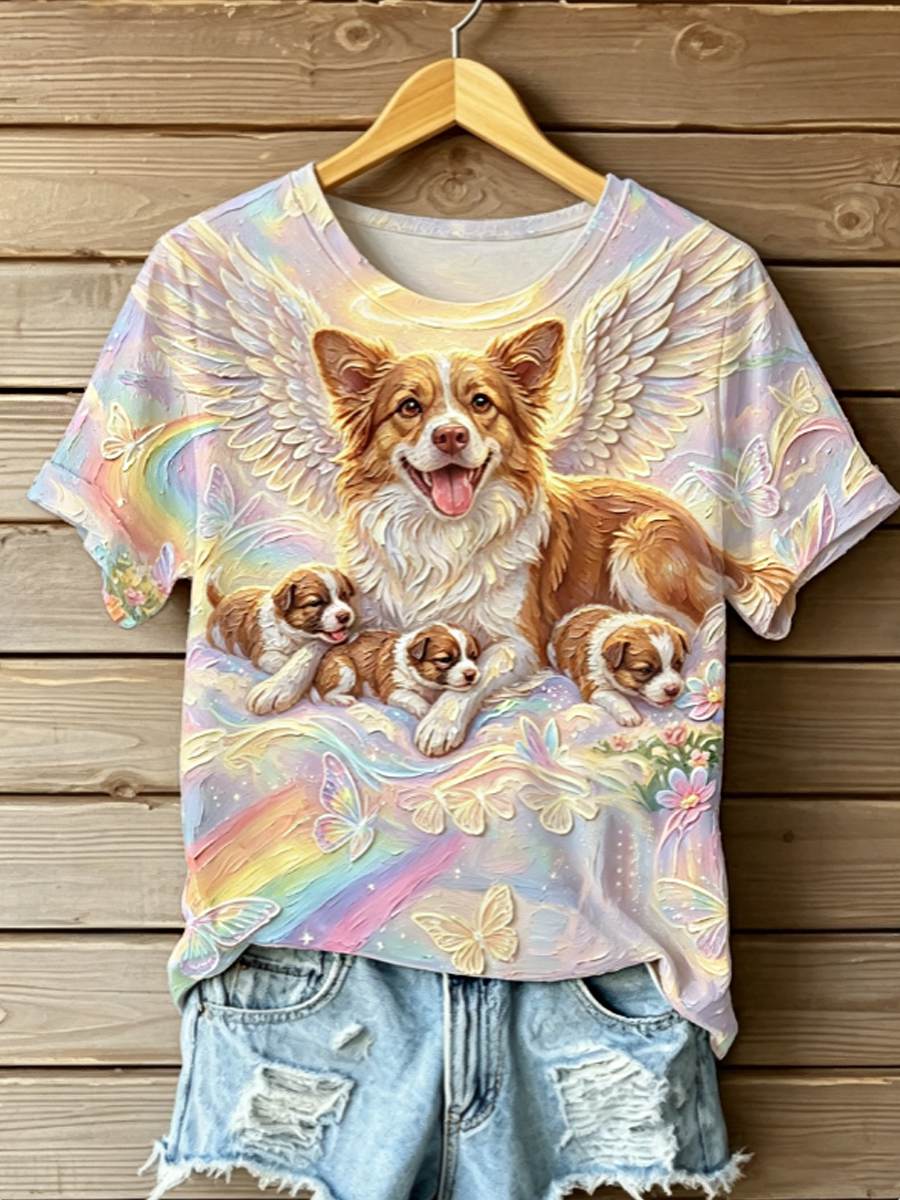 Women's STOP ANIMAL ABUSE Wangwang V-neck off-shoulder short-sleeved T-shirt