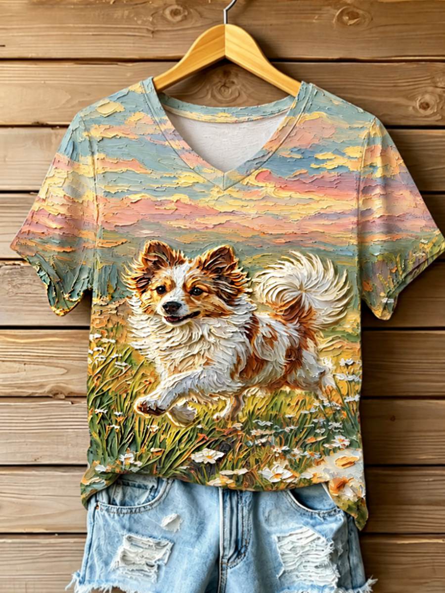 Women's STOP ANIMAL ABUSE Wangwang V-neck off-shoulder short-sleeved T-shirt