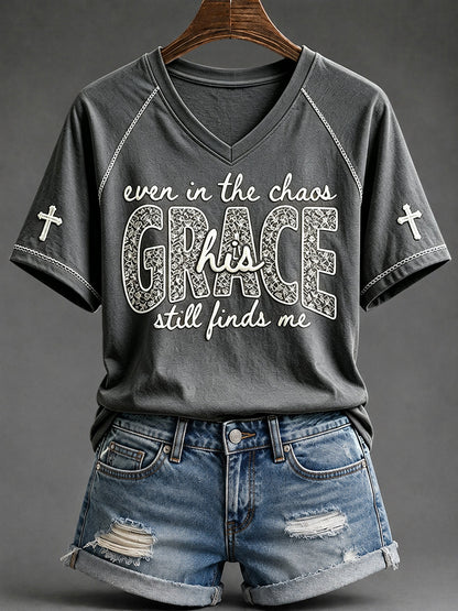 Women's His Grace Still Finds Me Christian Faith Floral Print V-neck Short-sleeved T-shirt