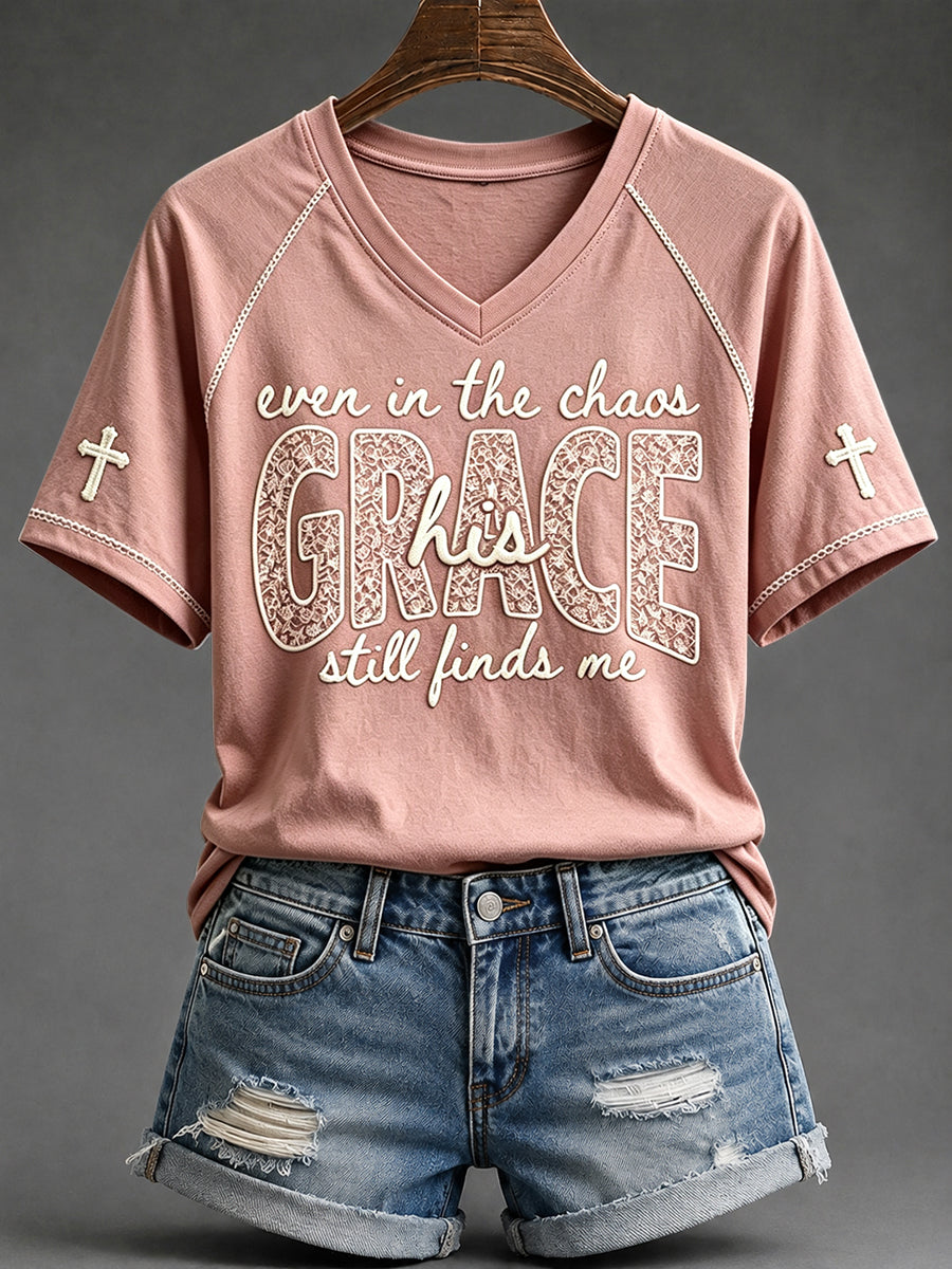 Women's His Grace Still Finds Me Christian Faith Floral Print V-neck Short-sleeved T-shirt