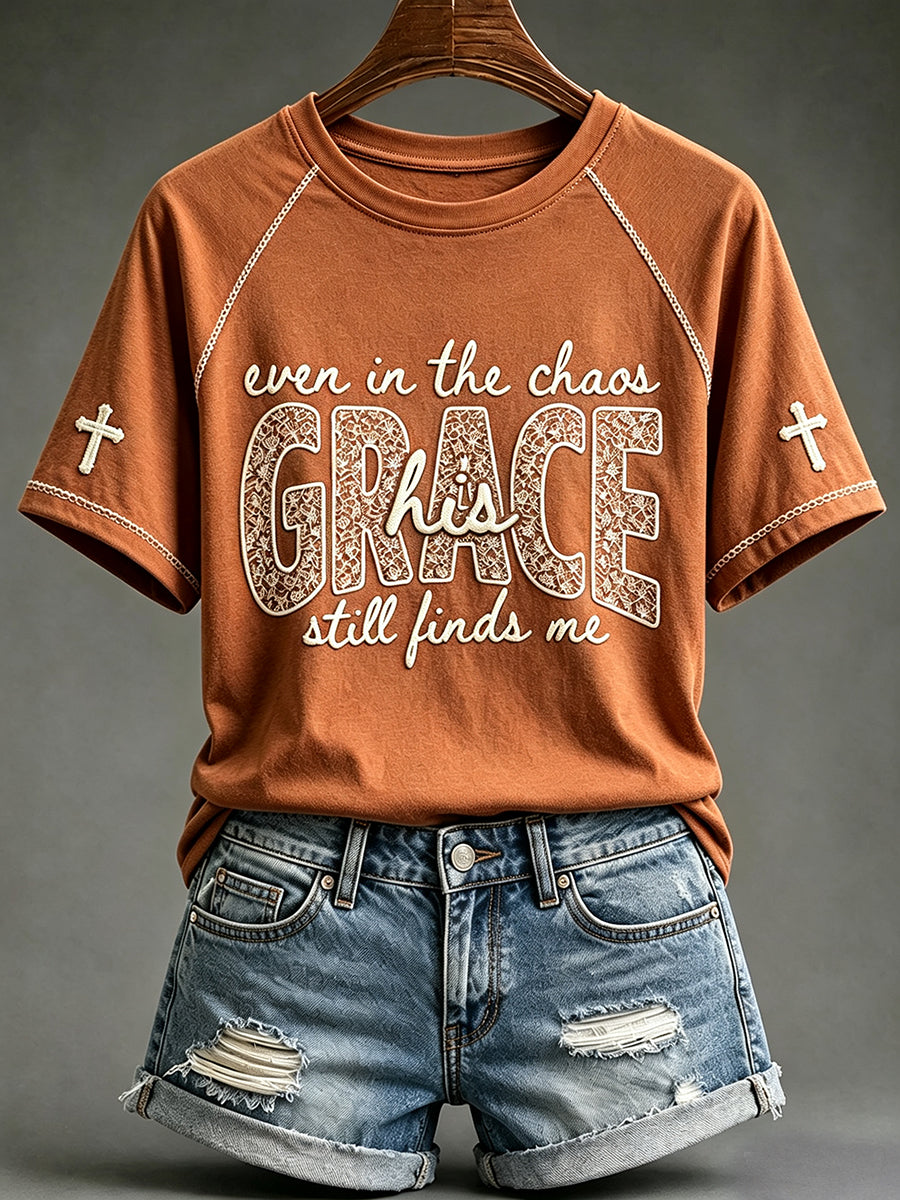 Women's His Grace Still Finds Me Christian Faith Floral Print Round Neck Short Sleeve T-shirt