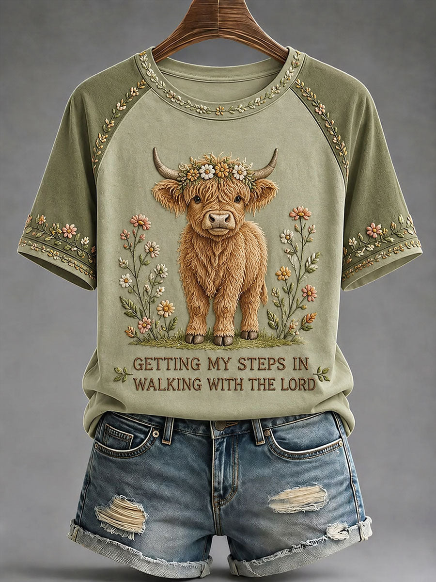 Women's Getting My Steps In Walking With The Lord Highland Cow Short Sleeve T-shirt