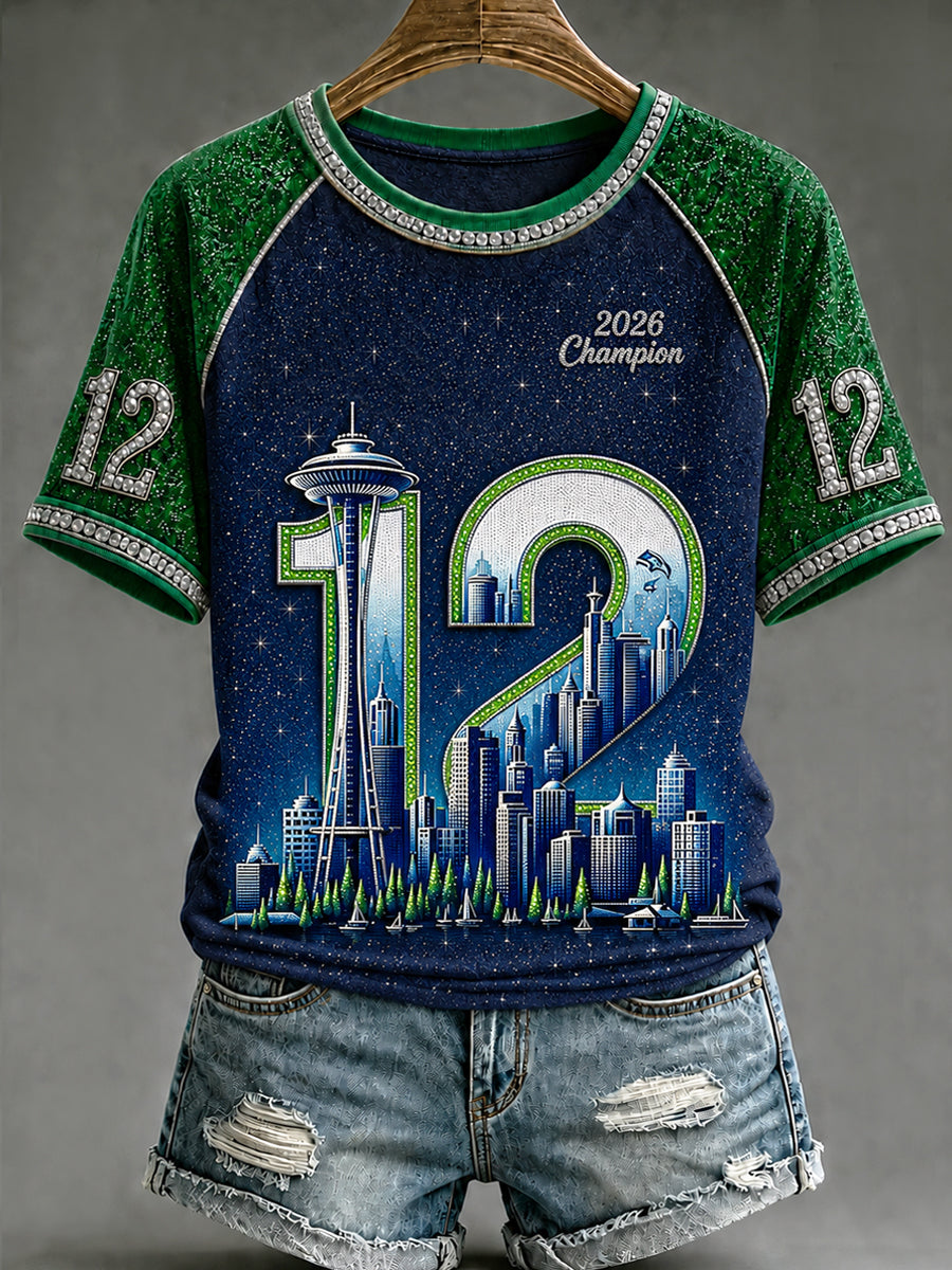 Women's Seattle Football Printed Vintage Fashion Loose Short Sleeve T-Shirt