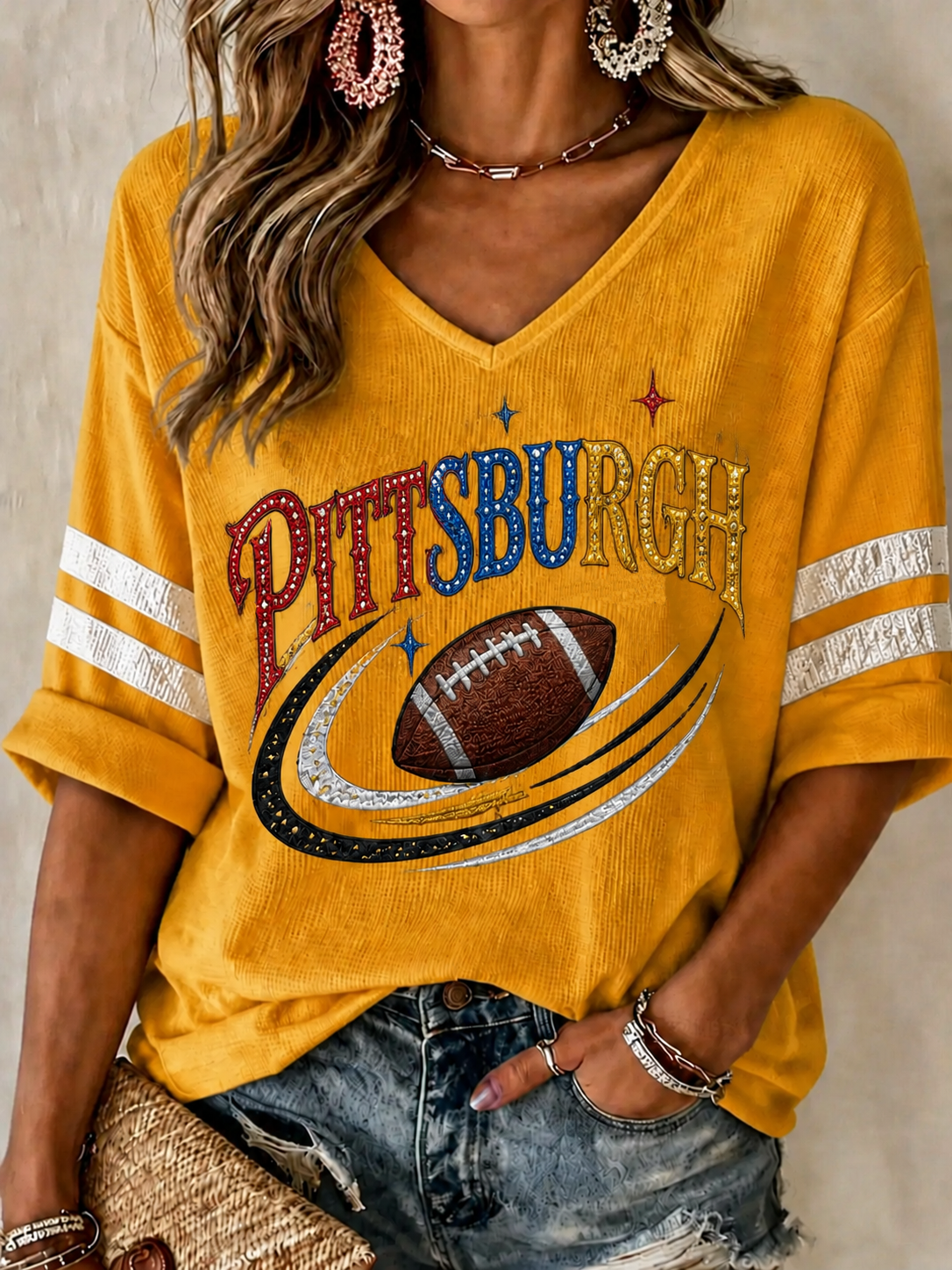 Women's Football Mid-length Sleeves V-Neck T-Shirt