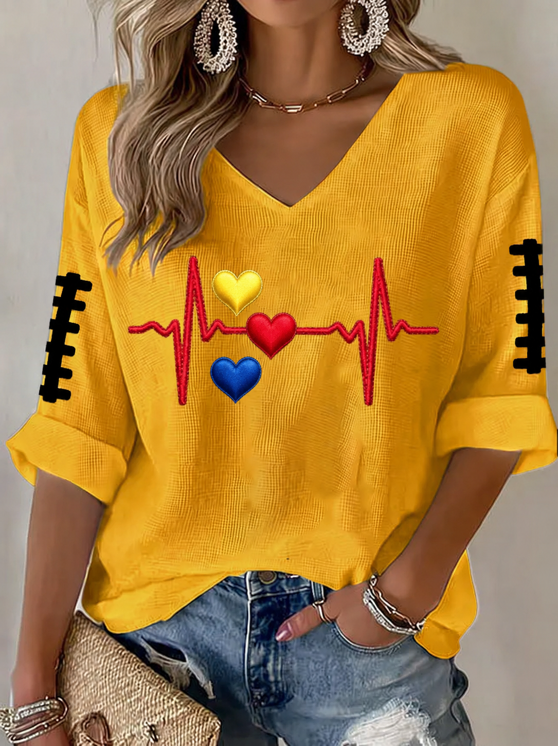 Women's Football Mid-length Sleeves V-Neck T-Shirt