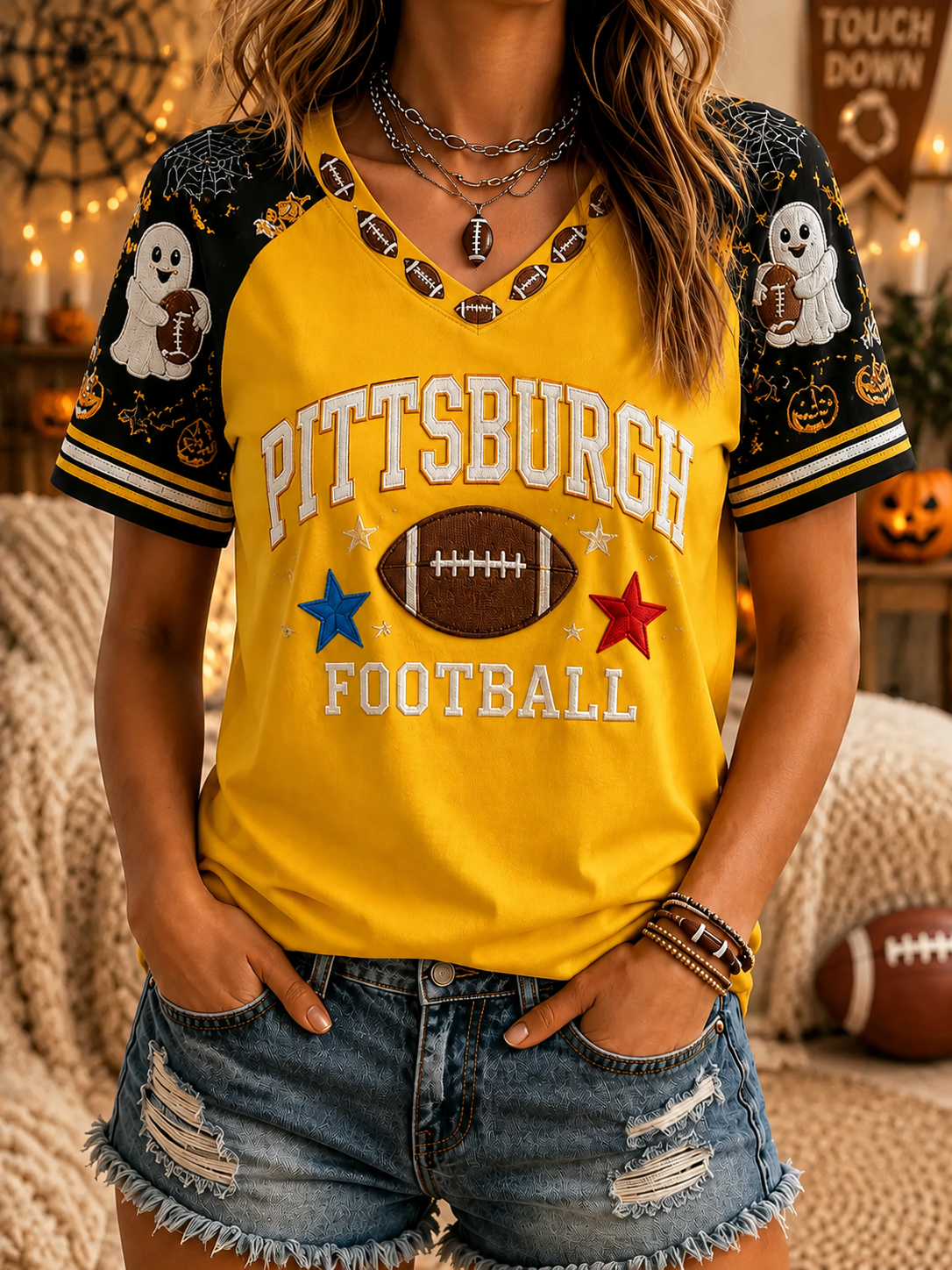 Women's Football V-neck Off-shoulder Short-sleeved T-shirt