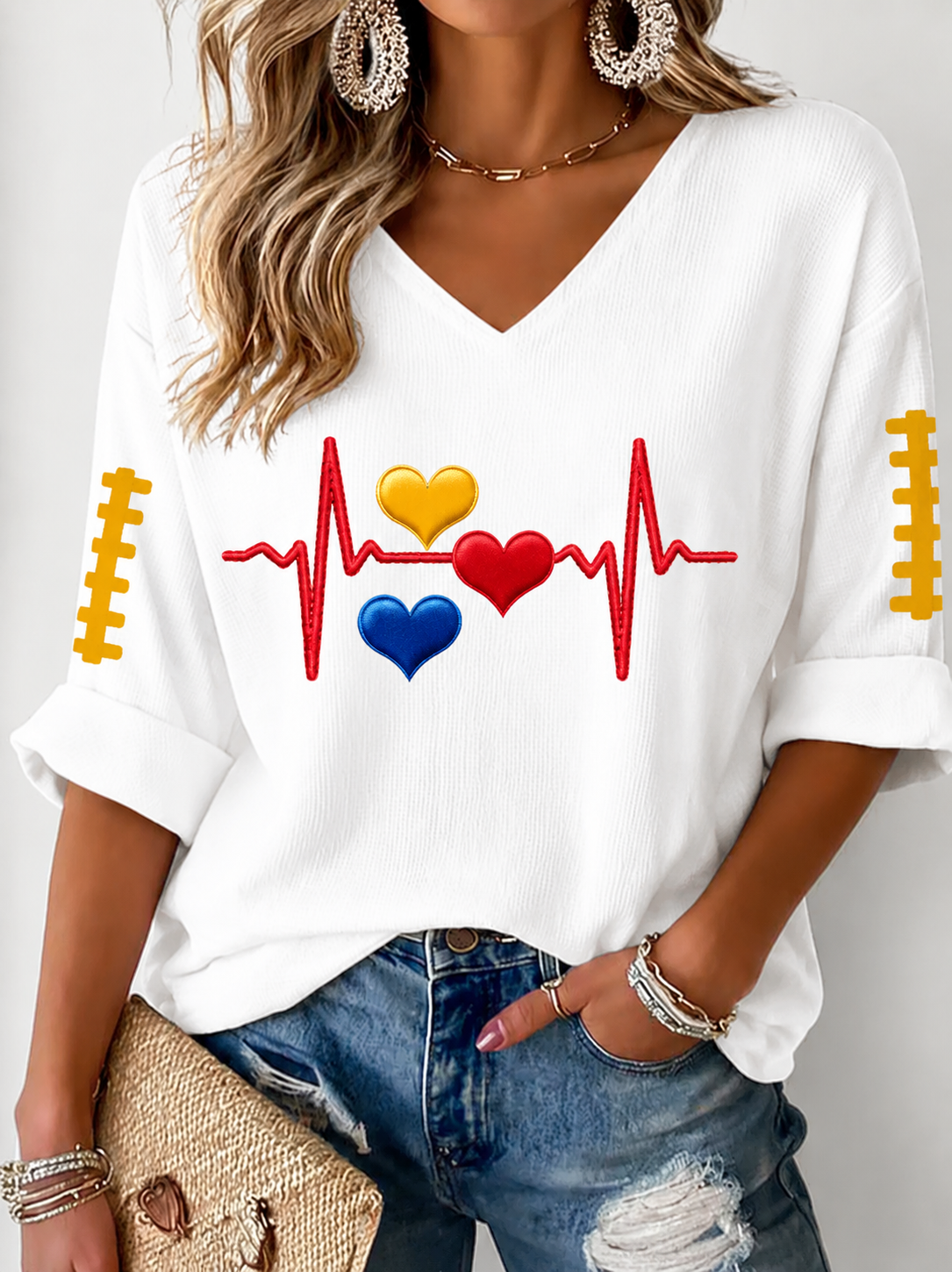 Women's Football Mid-length Sleeves V-Neck T-Shirt